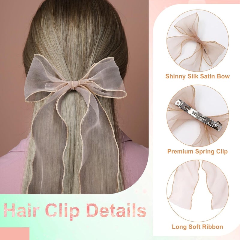 STSTR 2Pcs Large Hair Bow Clips, Champagne Silk Yarn Ribbon Bow Hair Barrette for Women, Elegant Long Tail Bowknot French Hair Accessories for Wedding, Parties, Festivals - Style 4 - Image 4